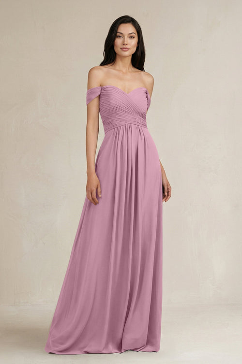 A - Line Pleated Off - the - Shoulder Chiffon Bridesmaid Dress in Vintage Mauve - KISS BRIDAL Bridesmaid Dresses