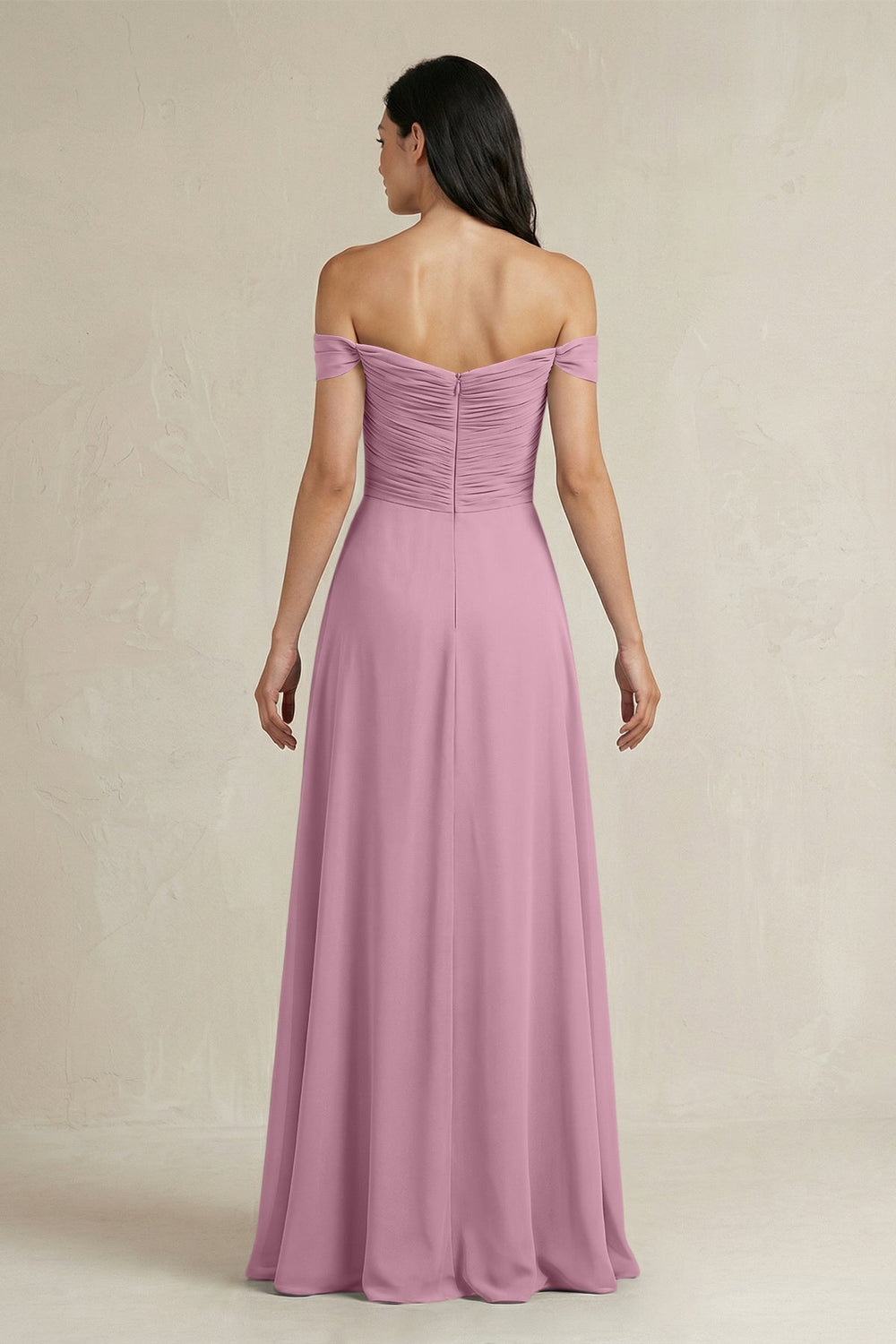 A - Line Pleated Off - the - Shoulder Chiffon Bridesmaid Dress in Vintage Mauve - KISS BRIDAL Bridesmaid Dresses