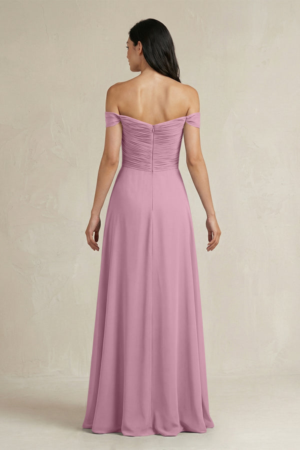 A - Line Pleated Off - the - Shoulder Chiffon Bridesmaid Dress in Vintage Mauve - KISS BRIDAL Bridesmaid Dresses