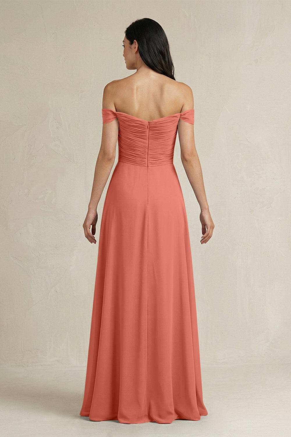 A - Line Pleated Off - the - Shoulder Chiffon Bridesmaid Dress in Wild Rose - KISS BRIDAL Bridesmaid Dresses