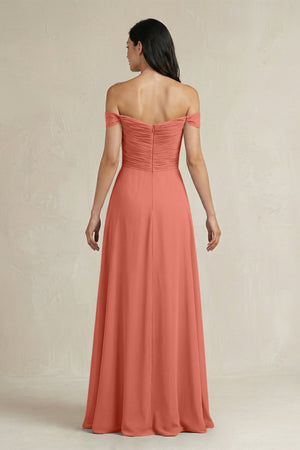 A - Line Pleated Off - the - Shoulder Chiffon Bridesmaid Dress in Wild Rose - KISS BRIDAL Bridesmaid Dresses