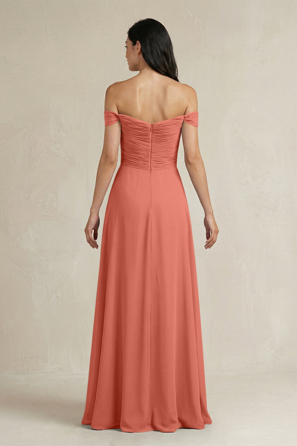 A - Line Pleated Off - the - Shoulder Chiffon Bridesmaid Dress in Wild Rose - KISS BRIDAL Bridesmaid Dresses