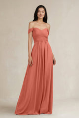 A - Line Pleated Off - the - Shoulder Chiffon Bridesmaid Dress in Wild Rose - KISS BRIDAL Bridesmaid Dresses