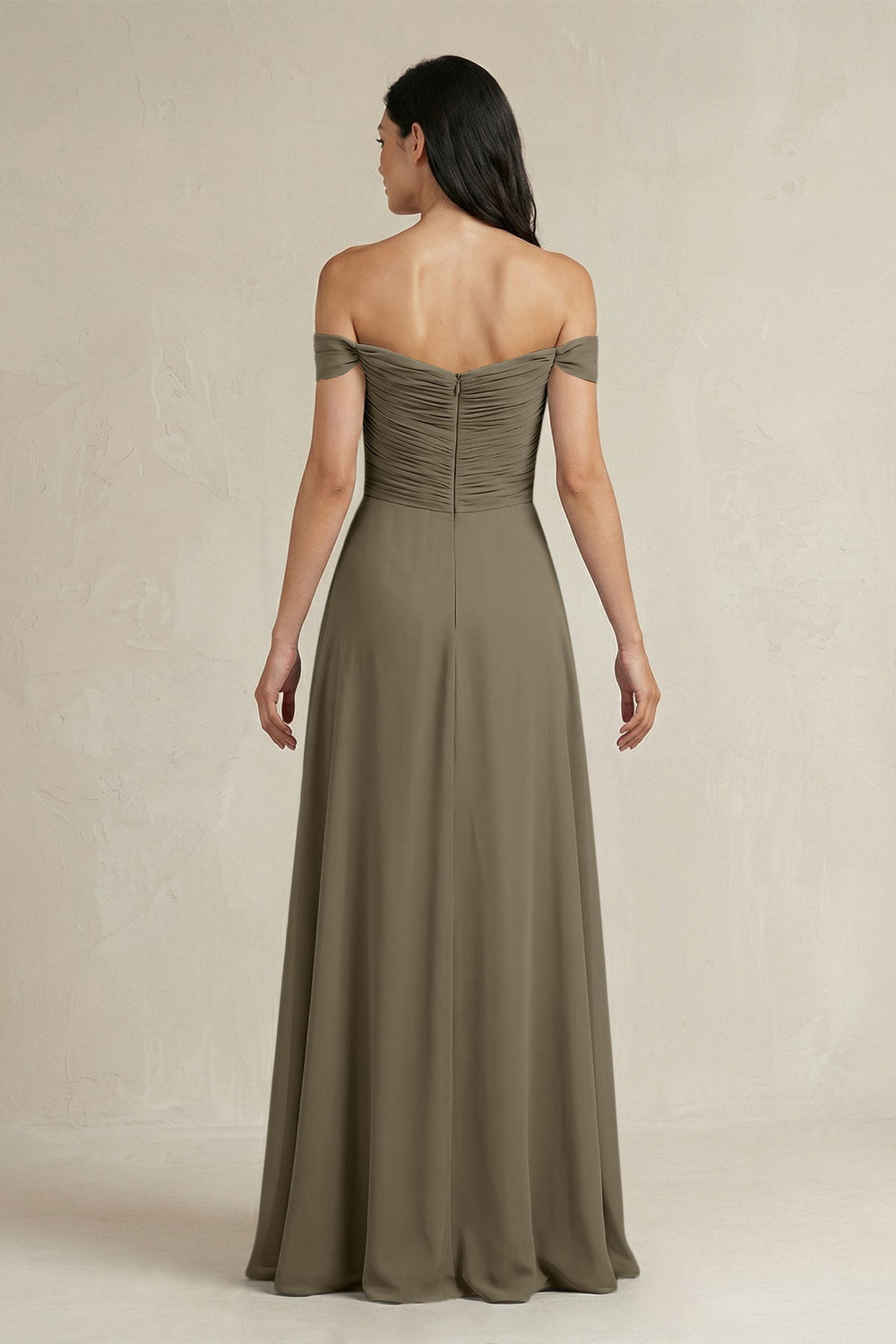 A - Line Pleated Off - the - Shoulder Chiffon Bridesmaid Dress in Willow Green - KISS BRIDAL Bridesmaid Dresses