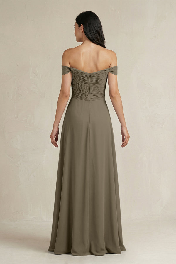 A - Line Pleated Off - the - Shoulder Chiffon Bridesmaid Dress in Willow Green - KISS BRIDAL Bridesmaid Dresses