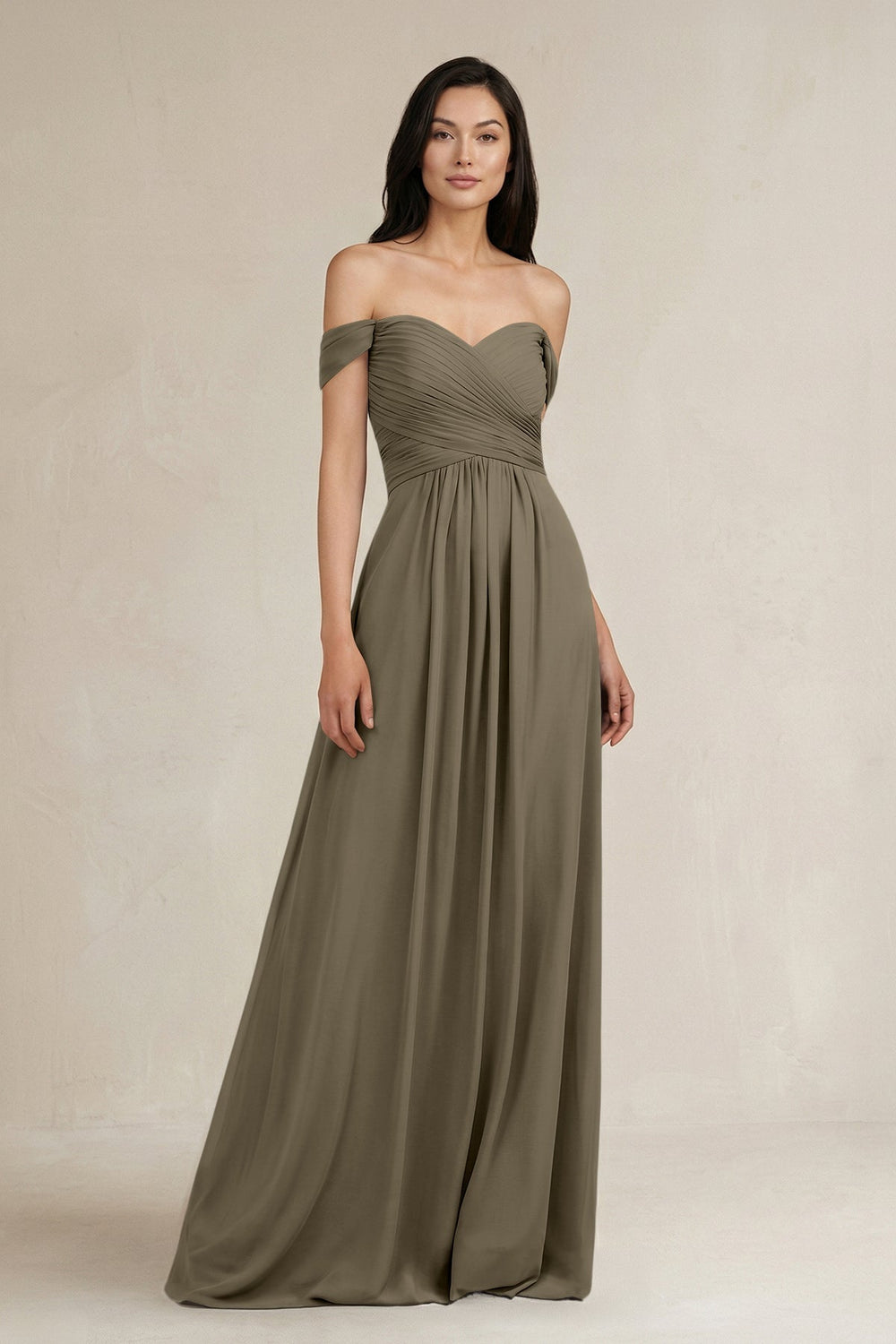 A - Line Pleated Off - the - Shoulder Chiffon Bridesmaid Dress in Willow Green - KISS BRIDAL Bridesmaid Dresses