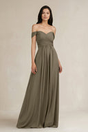 A - Line Pleated Off - the - Shoulder Chiffon Bridesmaid Dress in Willow Green - KISS BRIDAL Bridesmaid Dresses