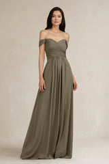 A - Line Pleated Off - the - Shoulder Chiffon Bridesmaid Dress in Willow Green - KISS BRIDAL Bridesmaid Dresses