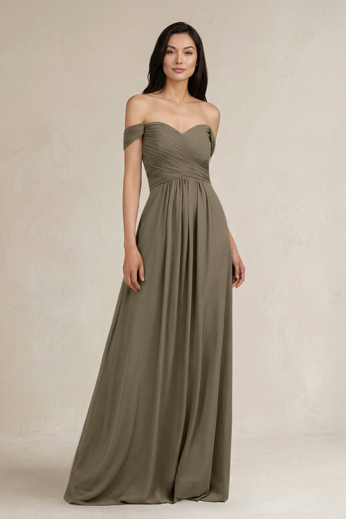 A - Line Pleated Off - the - Shoulder Chiffon Bridesmaid Dress in Willow Green - KISS BRIDAL Bridesmaid Dresses