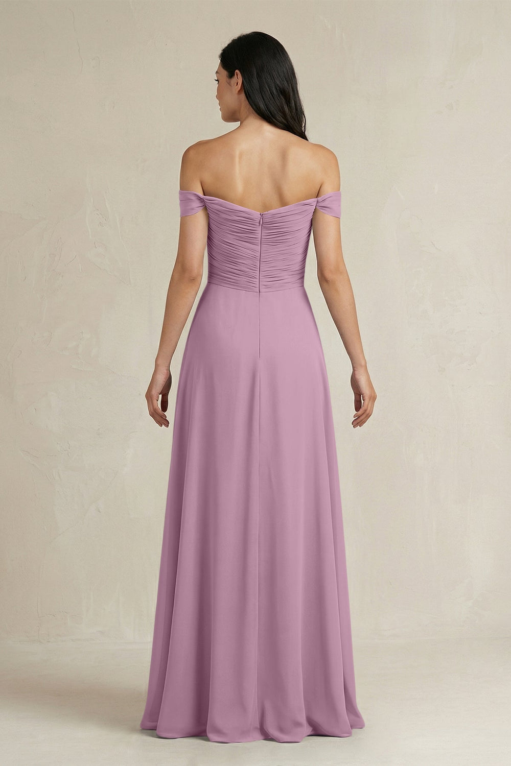A - Line Pleated Off - the - Shoulder Chiffon Bridesmaid Dress in Wisteria - KISS BRIDAL Bridesmaid Dresses