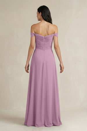 A - Line Pleated Off - the - Shoulder Chiffon Bridesmaid Dress in Wisteria - SHE IS ME Bridesmaid Dresses