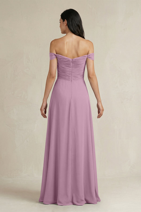 A - Line Pleated Off - the - Shoulder Chiffon Bridesmaid Dress in Wisteria - SHE IS ME Bridesmaid Dresses