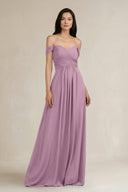 A - Line Pleated Off - the - Shoulder Chiffon Bridesmaid Dress in Wisteria - SHE IS ME Bridesmaid Dresses
