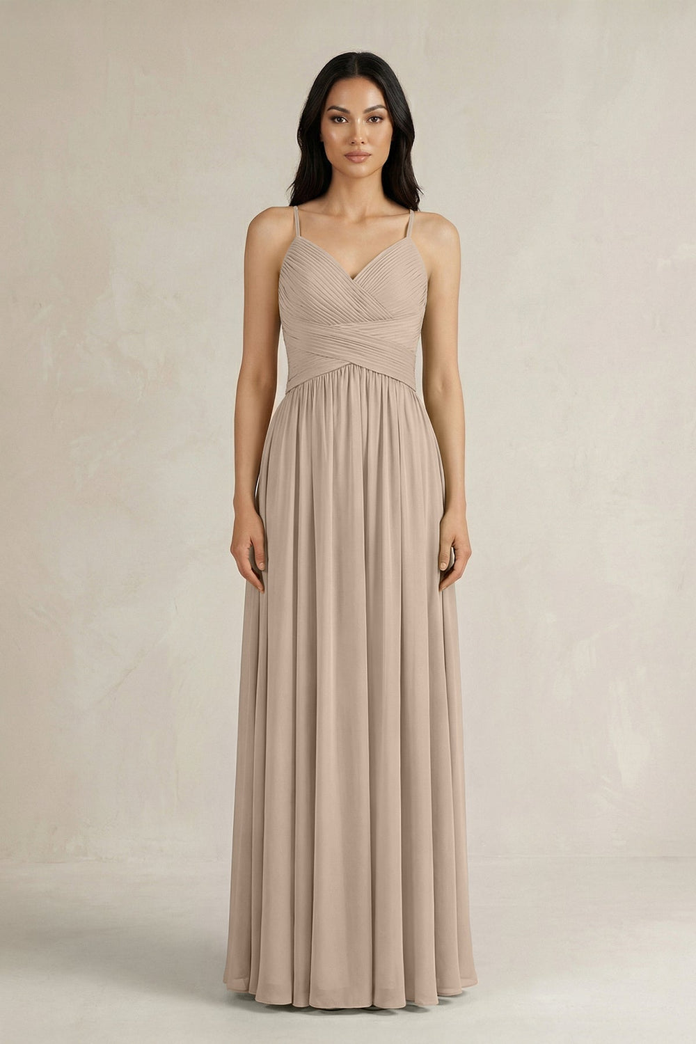 A - Line Pleated Spaghetti Strap Chiffon Bridesmaid Dress in Almond - KISS BRIDAL Bridesmaid Dresses