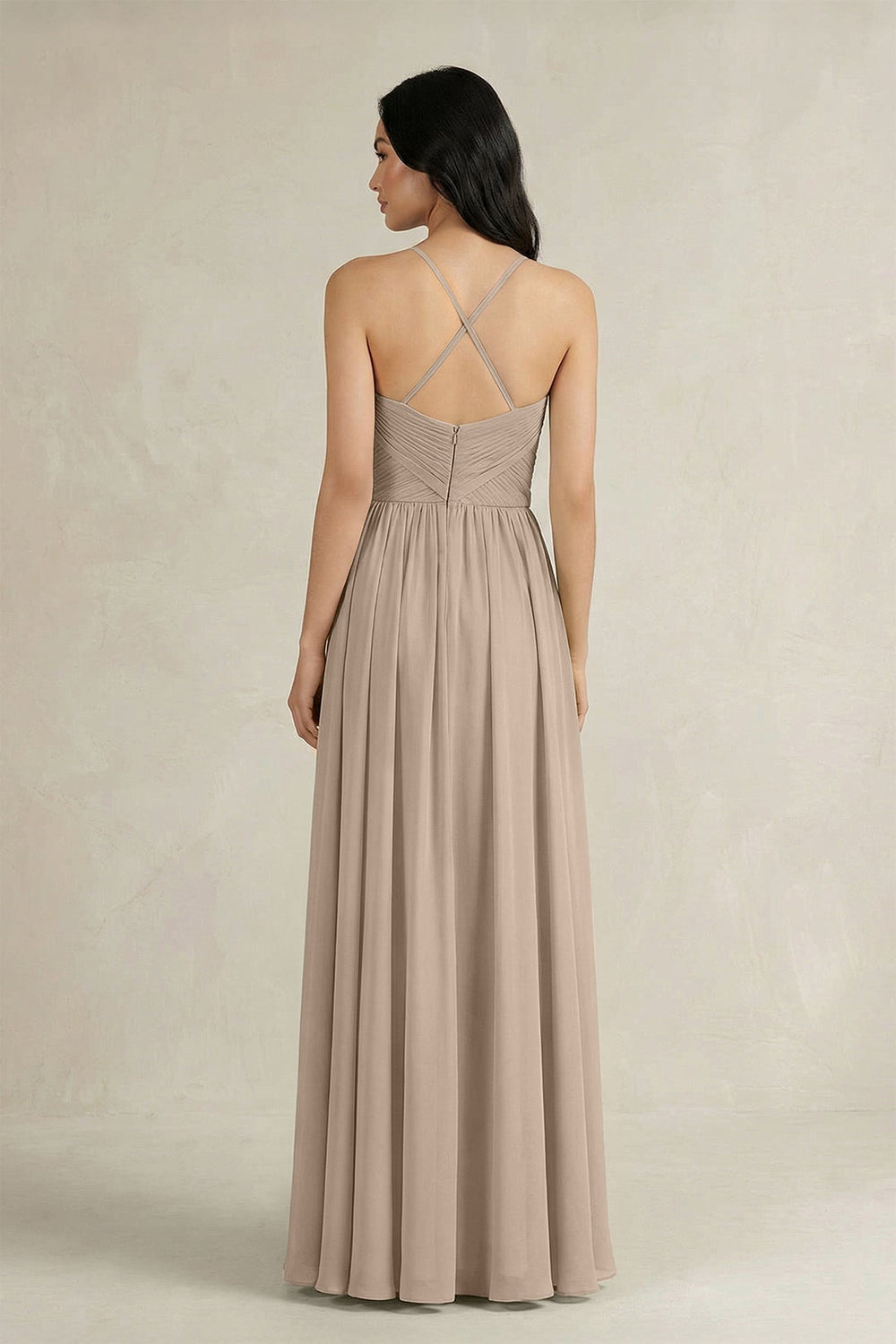 A - Line Pleated Spaghetti Strap Chiffon Bridesmaid Dress in Almond - KISS BRIDAL Bridesmaid Dresses
