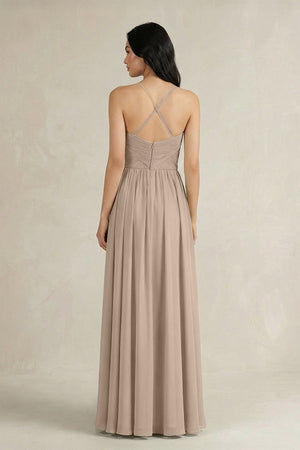 A - Line Pleated Spaghetti Strap Chiffon Bridesmaid Dress in Almond - KISS BRIDAL Bridesmaid Dresses
