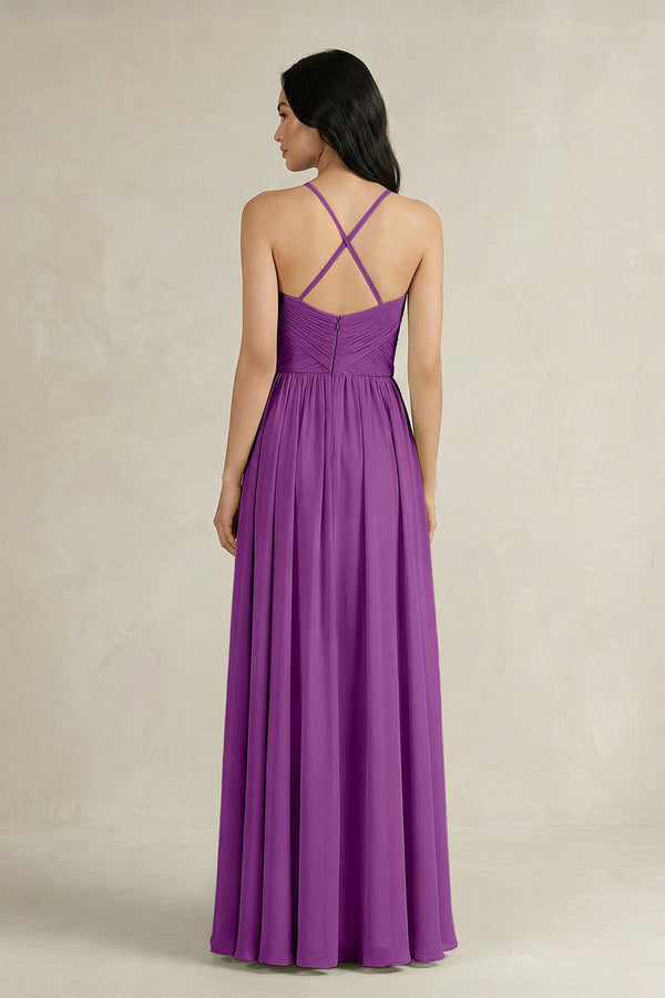 A - Line Pleated Spaghetti Strap Chiffon Bridesmaid Dress in Amethyst - KISS BRIDAL Bridesmaid Dresses
