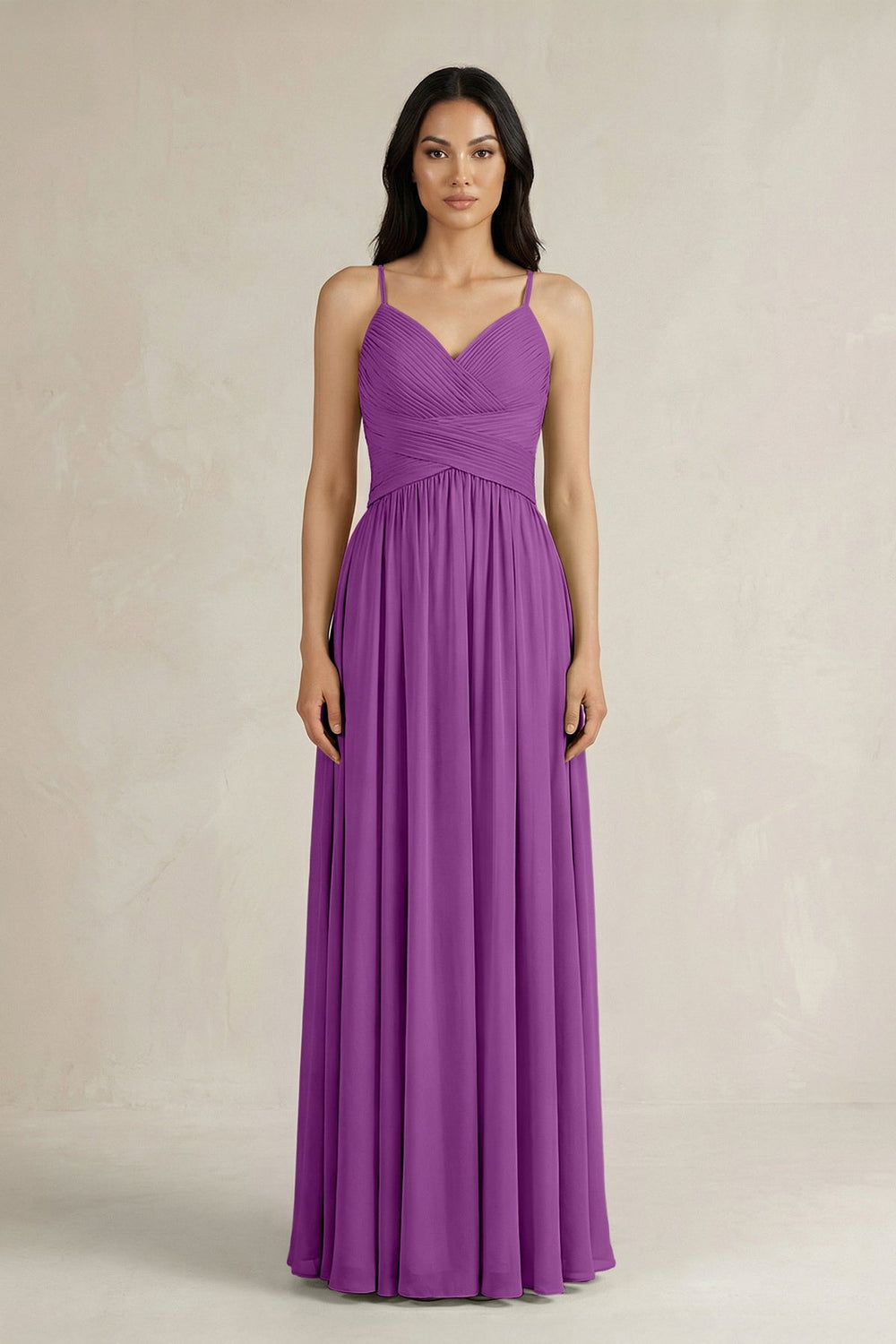 A - Line Pleated Spaghetti Strap Chiffon Bridesmaid Dress in Amethyst - KISS BRIDAL Bridesmaid Dresses