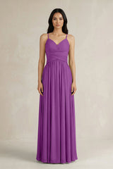 A - Line Pleated Spaghetti Strap Chiffon Bridesmaid Dress in Amethyst - KISS BRIDAL Bridesmaid Dresses