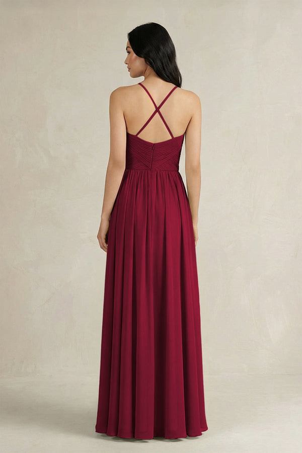 A - Line Pleated Spaghetti Strap Chiffon Bridesmaid Dress in Berry - KISS BRIDAL Bridesmaid Dresses