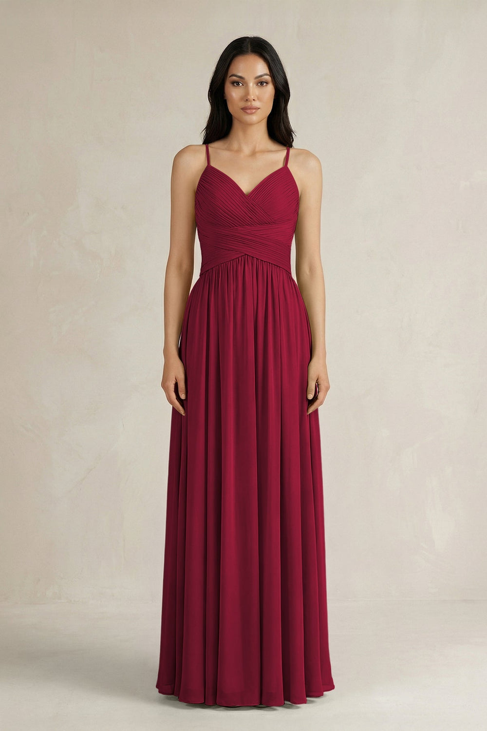 A - Line Pleated Spaghetti Strap Chiffon Bridesmaid Dress in Berry - KISS BRIDAL Bridesmaid Dresses