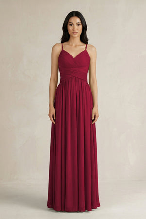 A - Line Pleated Spaghetti Strap Chiffon Bridesmaid Dress in Berry - KISS BRIDAL Bridesmaid Dresses