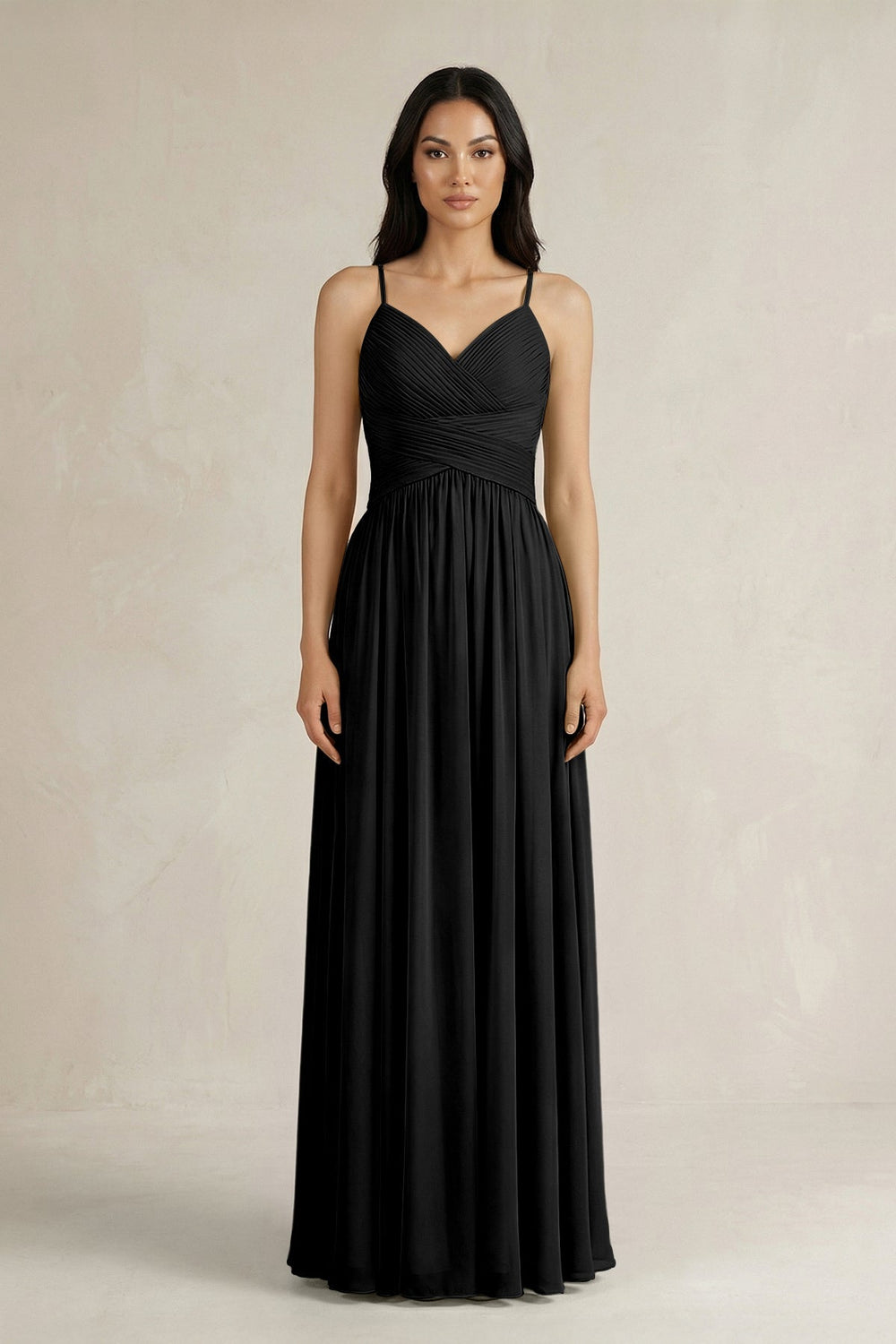 A - Line Pleated Spaghetti Strap Chiffon Bridesmaid Dress in Black - KISS BRIDAL Bridesmaid Dresses