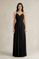 A - Line Pleated Spaghetti Strap Chiffon Bridesmaid Dress in Black - KISS BRIDAL Bridesmaid Dresses