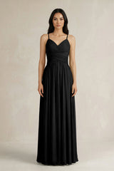 A - Line Pleated Spaghetti Strap Chiffon Bridesmaid Dress in Black - KISS BRIDAL Bridesmaid Dresses
