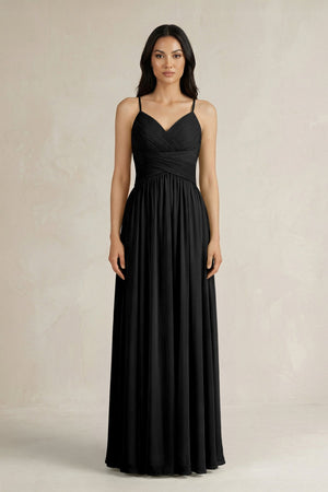 A - Line Pleated Spaghetti Strap Chiffon Bridesmaid Dress in Black - KISS BRIDAL Bridesmaid Dresses