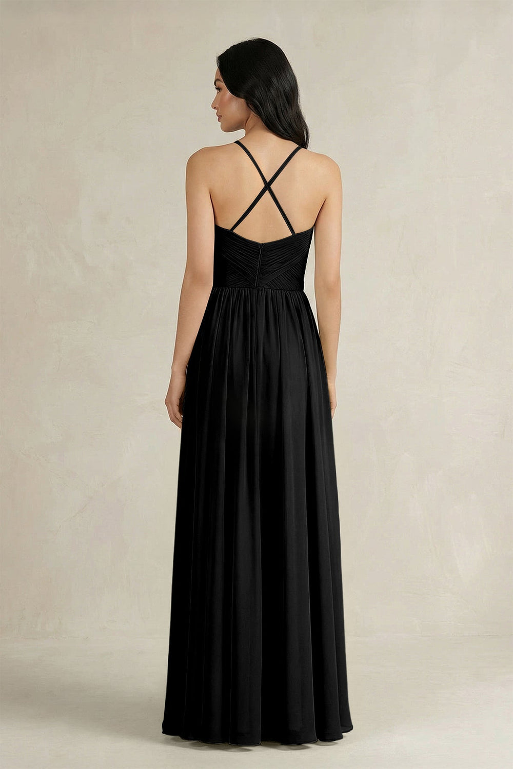 A - Line Pleated Spaghetti Strap Chiffon Bridesmaid Dress in Black - KISS BRIDAL Bridesmaid Dresses