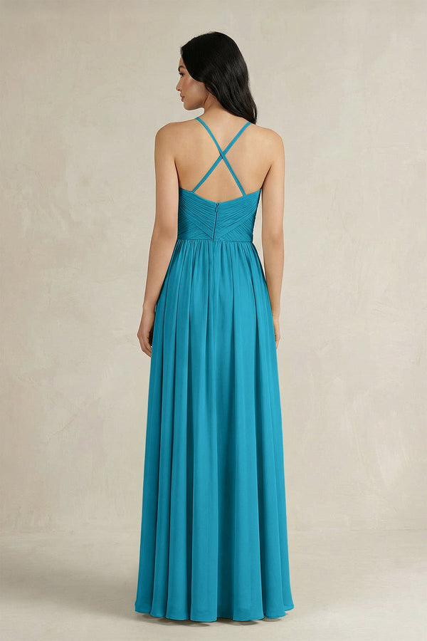 A - Line Pleated Spaghetti Strap Chiffon Bridesmaid Dress in Blue Jay - KISS BRIDAL Bridesmaid Dresses