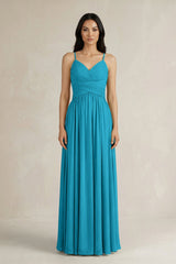 A - Line Pleated Spaghetti Strap Chiffon Bridesmaid Dress in Blue Jay - KISS BRIDAL Bridesmaid Dresses