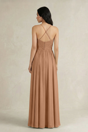 A - Line Pleated Spaghetti Strap Chiffon Bridesmaid Dress in Bronzer - SHE IS ME Bridesmaid Dresses