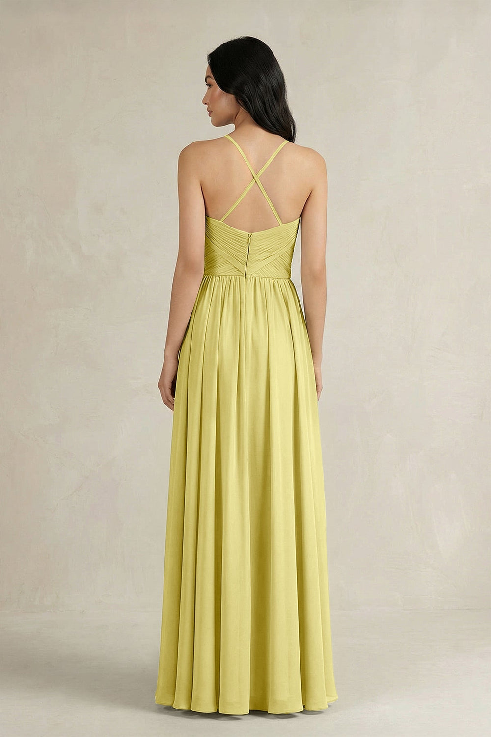 A - Line Pleated Spaghetti Strap Chiffon Bridesmaid Dress in Buttercup - KISS BRIDAL Bridesmaid Dresses