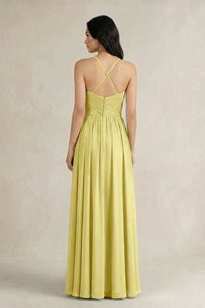 A - Line Pleated Spaghetti Strap Chiffon Bridesmaid Dress in Buttercup - KISS BRIDAL Bridesmaid Dresses