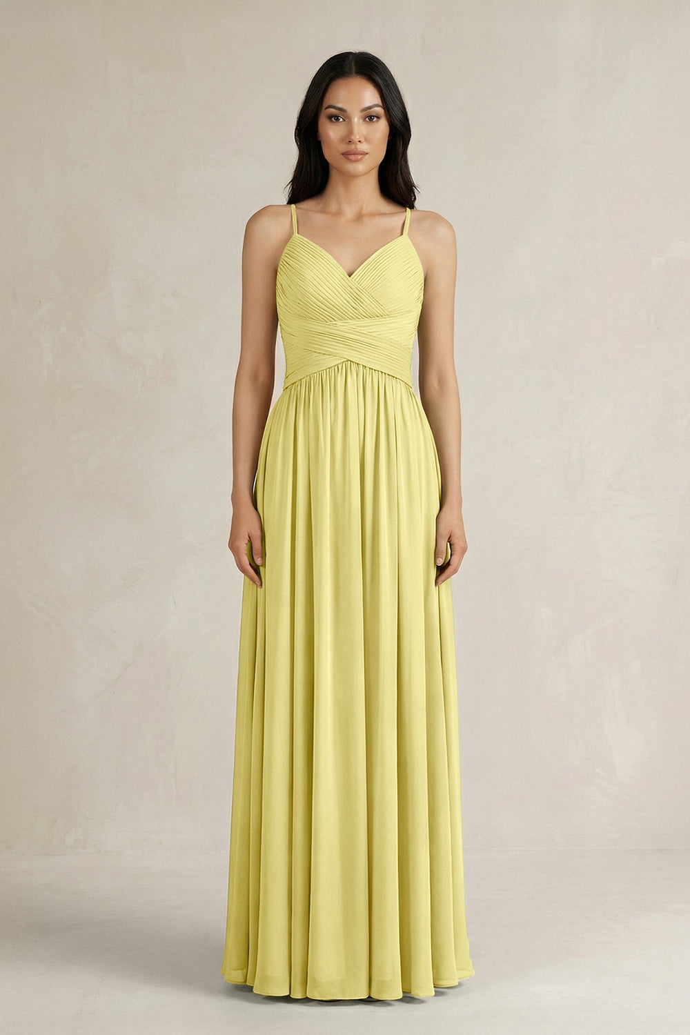 A - Line Pleated Spaghetti Strap Chiffon Bridesmaid Dress in Buttercup - KISS BRIDAL Bridesmaid Dresses