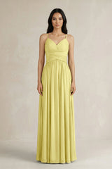 A - Line Pleated Spaghetti Strap Chiffon Bridesmaid Dress in Buttercup - KISS BRIDAL Bridesmaid Dresses