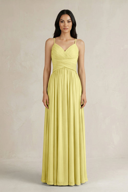 A - Line Pleated Spaghetti Strap Chiffon Bridesmaid Dress in Buttercup - KISS BRIDAL Bridesmaid Dresses