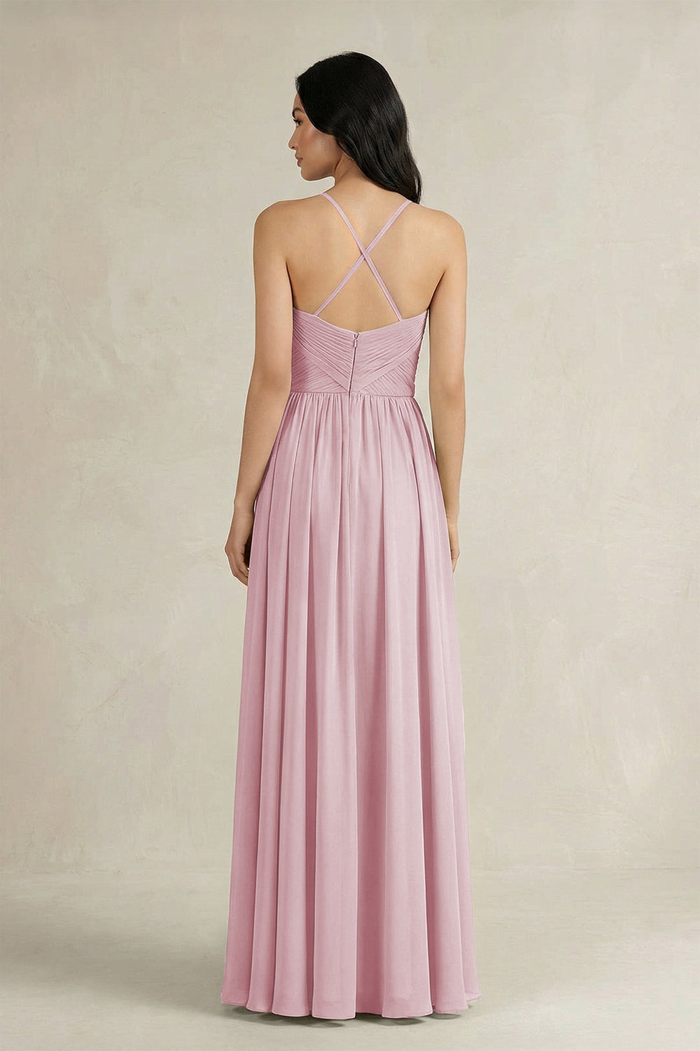 A - Line Pleated Spaghetti Strap Chiffon Bridesmaid Dress in Candy Pink - KISS BRIDAL Bridesmaid Dresses