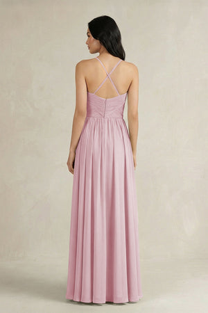A - Line Pleated Spaghetti Strap Chiffon Bridesmaid Dress in Candy Pink - KISS BRIDAL Bridesmaid Dresses