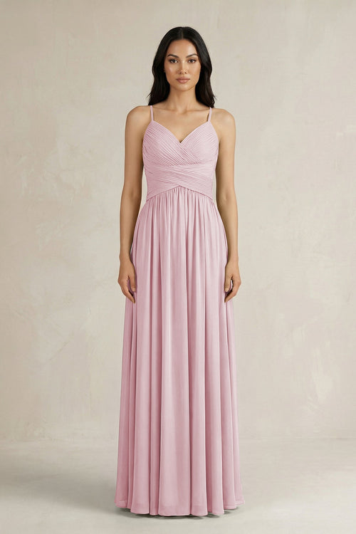A - Line Pleated Spaghetti Strap Chiffon Bridesmaid Dress in Candy Pink - KISS BRIDAL Bridesmaid Dresses