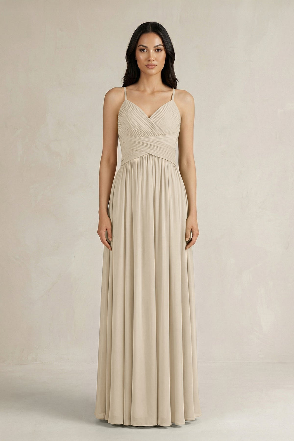 A - Line Pleated Spaghetti Strap Chiffon Bridesmaid Dress in Champagne - KISS BRIDAL Bridesmaid Dresses