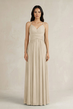 A - Line Pleated Spaghetti Strap Chiffon Bridesmaid Dress in Champagne - KISS BRIDAL Bridesmaid Dresses