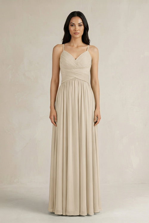 A - Line Pleated Spaghetti Strap Chiffon Bridesmaid Dress in Champagne - KISS BRIDAL Bridesmaid Dresses