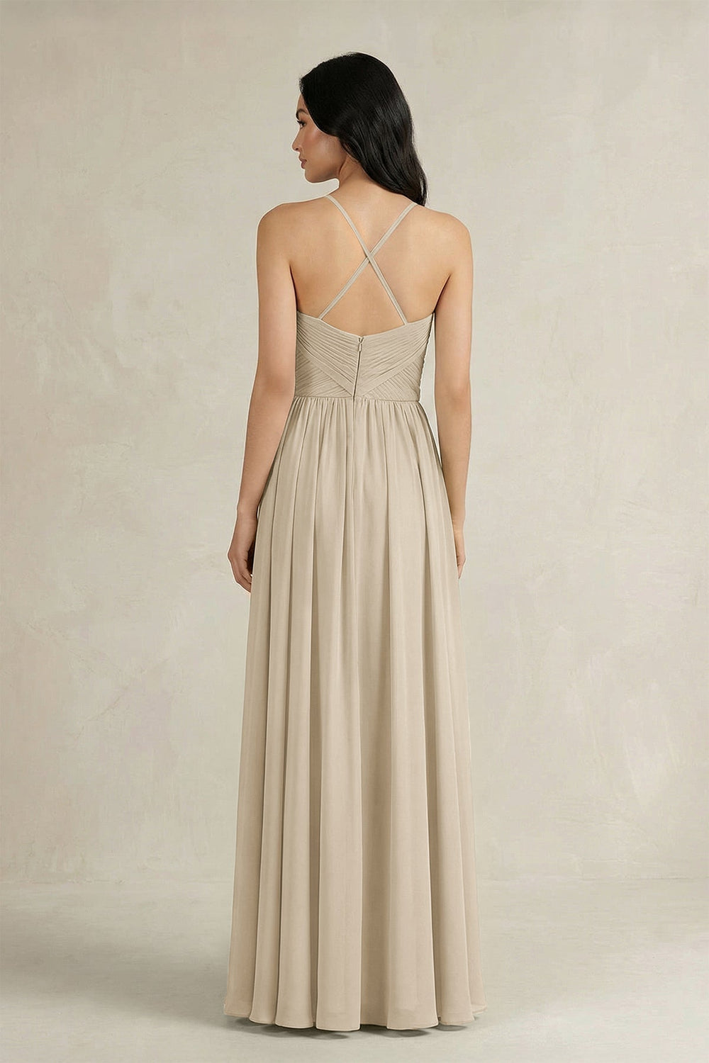 A - Line Pleated Spaghetti Strap Chiffon Bridesmaid Dress in Champagne - KISS BRIDAL Bridesmaid Dresses