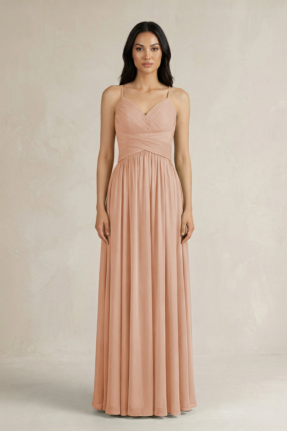 A - Line Pleated Spaghetti Strap Chiffon Bridesmaid Dress in Champagne Rose - KISS BRIDAL Bridesmaid Dresses
