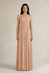 A - Line Pleated Spaghetti Strap Chiffon Bridesmaid Dress in Champagne Rose - KISS BRIDAL Bridesmaid Dresses