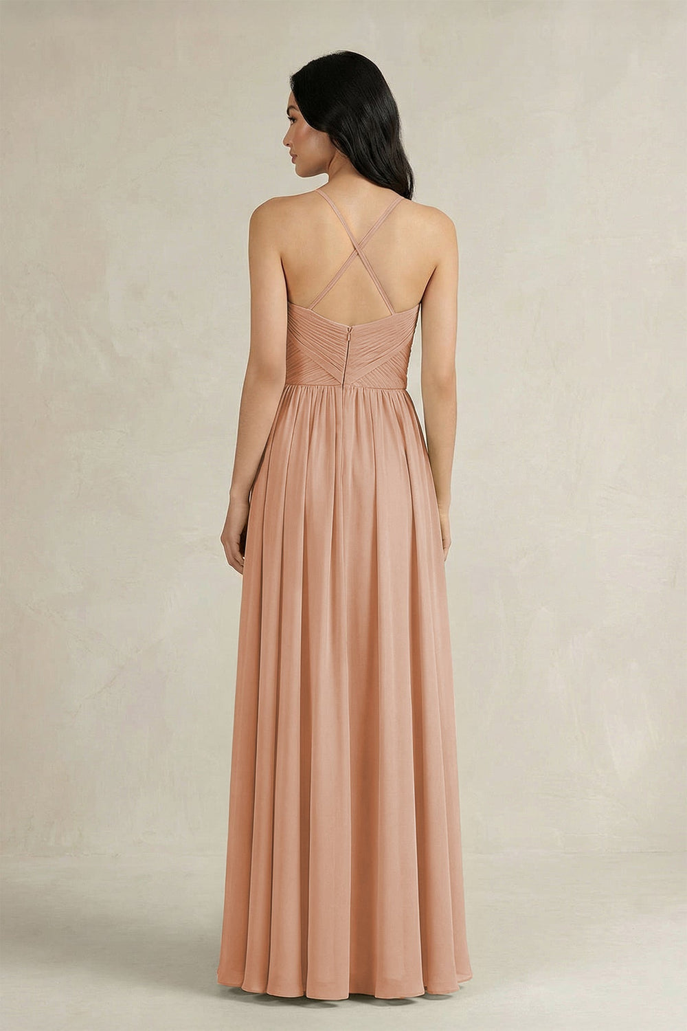 A - Line Pleated Spaghetti Strap Chiffon Bridesmaid Dress in Champagne Rose - KISS BRIDAL Bridesmaid Dresses