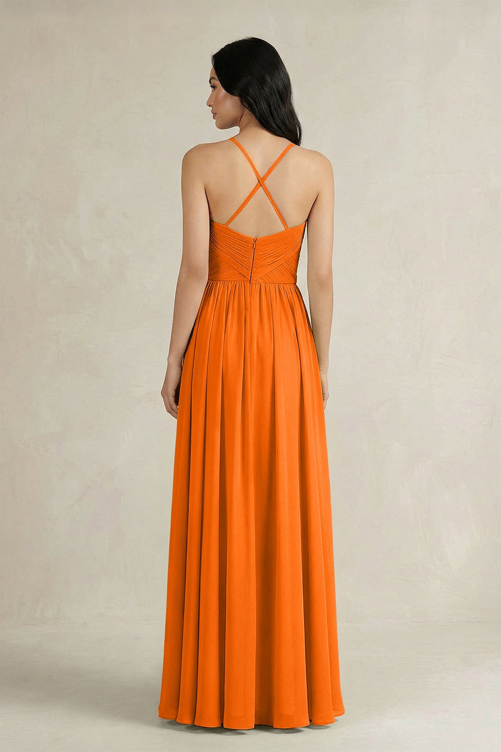 A - Line Pleated Spaghetti Strap Chiffon Bridesmaid Dress in Cinnamon - KISS BRIDAL Bridesmaid Dresses